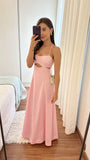 Niulatu A Line Spaghetti Straps Pink Satin Hollow Long Prom Dresses Formal Dress HZ1110