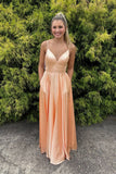 Niulatu A Line Spaghetti Straps Pastel Orange Satin With Pocket Long Prom Dresses Formal Dress HZ1110
