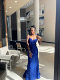 Niulatu Royal Blue Mermaid Spaghetti Straps Sequin Long Prom Dresses Formal Dress HZ1110
