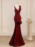 Niulatu Mermaid V Neck Burgundy Satin Flower Long Prom Dresses Formal Dress HZ1110