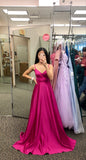 Niulatu A Line Hot Pink Spaghetti Straps Satin Long Prom Dresses Formal Dress HZ1110