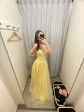 Niulatu Pastel Yellow A Line Strapless Tulle Lace Long Prom Dresses Formal Dress HZ1110