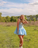 Niulatu A Line Square Pale Blue Satin Short Homecoming Dress 18th Birthday Outfits HZ1110