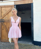 Niulatu A Line V Neck Pink Satin Polka Dots Short Homecoming Dress 20th Birthday Outfits HZ1110