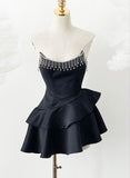 Niulatu A Line Strapless Black Layer Satin Beaded Short Homecoming Dress 19th Birthday Outfits HZ1110