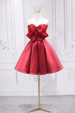 Niulatu A Line Strapless Burgundy Satin With Bow Short Homecoming Dress 17th Birthday Outfits HZ1110