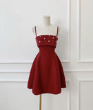 Niulatu A Line Spaghetti Straps Burgundy Satin Beaded Short Homecoming Dress 17th Birthday Outfits HZ1110
