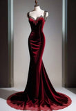 Niulatu Mermaid Sweetheart Burgundy Velvet Lace Long Prom Dresses Formal Dress HZ1110