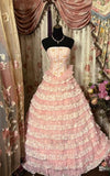 Niulatu Vintage Ball Gown Strapless Printed Layer Satin Long Prom Dresses Formal Dress HZ1110
