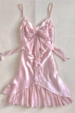 Niulatu A line Spaghetti Straps Pink Satin Chiffon Bow Ruffle Short Homecoming Dress 17th Birthday Outfits HZ1110