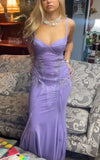 Niulatu Mermaid Spaghetti Straps Lilac Satin Applique Long Prom Dresses Formal Dress HZ1110
