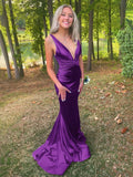 Niulatu Mermaid Dark Purple V Neck Satin Pleated Long Prom Dresses Formal Dress HZ1110