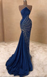 Niulatu Mermaid Halter Satin Beads Long Prom Dresses Formal Dress HZ1110