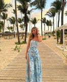 Niulatu A Line Strapless Printed Satin Slit Long Prom Dresses Formal Dress HZ1110