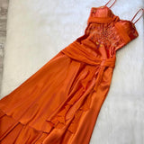 Niulatu A Line Spaghetti Straps Satin Chiffon Ruffle Beads Long Prom Dresses Formal Dress HZ1110