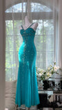 Niulatu Glitter Mermaid Spaghetti Straps Chiffon Beads Long Prom Dresses Formal Dress HZ1110