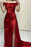 Niulatu Burgundy Mermaid Off The Shoulder Satin Slit Long Prom Dresses Formal Dress HZ1110