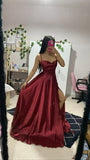 Niulatu Burgundy A Line Spaghetti Straps Satin Slit Long Prom Dresses Formal Dress HZ1110