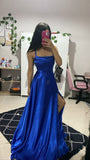 Niulatu Royal Blue A Line Spaghetti Straps Satin Slit Long Prom Dresses Formal Dress HZ1110