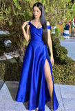 Niulatu Royal Blue A Line Off The Shoulder Satin Slit Long Prom Dresses Formal Dress HZ1110