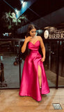Niulatu Pink A Line Strapless Satin Slit Long Prom Dresses Formal Dress HZ1110