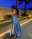 Niulatu A Line Strapless Satin Slit Long Prom Dresses Formal Dress HZ1110