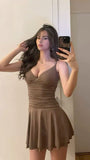 Niulatu Brown A Line Spaghetti Straps Satin Short Homecoming Dress 19th Birthday Outfits HZ1110