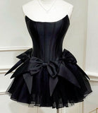 Niulatu A line Black Strapless Short Homecoming Dress Satin Party Dress HZ1110
