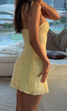 Niulatu A Line Spaghetti Straps Pastel Yellow Sequin Short Homecoming Dress 18th Birthday Outfits HZ1110