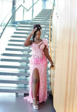 Niulatu Mermaid One Shoulder Pink Satin Sequin Beads Slit Long Prom Dress,Formal Dress HZ1110