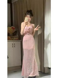 Niulatu Mermaid Spaghetti Straps Pink Satin Sequin Long Prom Dress,Formal Dress HZ1110