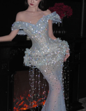 Niulatu Mermaid Off The Shoulder Tulle Sequin Tassel Long Prom Dress,Formal Dress HZ1110