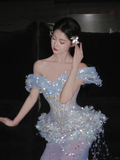 Niulatu Mermaid Off The Shoulder Tulle Sequin Tassel Long Prom Dress,Formal Dress HZ1110