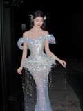 Niulatu Mermaid Off The Shoulder Tulle Sequin Tassel Long Prom Dress,Formal Dress HZ1110