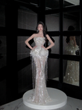 Niulatu Mermaid Strapless Tulle Sequin Tassel Long Prom Dress,Formal Dress HZ1110