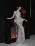 Niulatu Mermaid Strapless Tulle Sequin Tassel Long Prom Dress,Formal Dress HZ1110