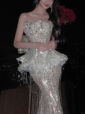 Niulatu Mermaid Strapless Tulle Sequin Tassel Long Prom Dress,Formal Dress HZ1110
