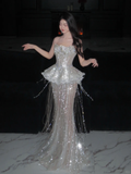 Niulatu Mermaid Strapless Tulle Sequin Tassel Long Prom Dress,Formal Dress HZ1110