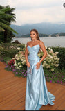 Niulatu Blue A Line Straples Satin Applique Long Prom Dress,Formal Dress HZ1110