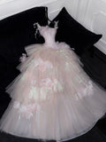 Niulatu Ball Gown Spaghetti Straps Pink Tulle Applique Long Prom Dress,Formal Dress HZ1110