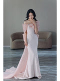 Niulatu Mermaid Strapless Pink Sequin Long Evening Dress Prom Dresses With Bow HZ1110