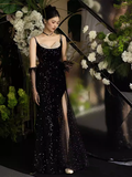 Niulatu Mermaid Spaghetti Straps Black Prom Dresses HZ1110