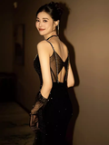Niulatu Mermaid Spaghetti Straps Black Prom Dresses HZ1110