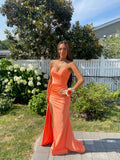 Niulatu Orange Mermaid Sweetheart Satin Pleated Slit Long Prom Dress,Formal Dress HZ1110