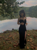 Niulatu Mermaid Spaghetti Straps Black Satin Slit Long Prom Dress,Formal Dress HZ1110