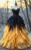 Niulatu Black and Yellow Gradient Ball Gown Sweetheart Chiffon Long Prom Dress,Formal Dress HZ1110