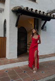 Niulatu Burgundy A Line Spaghetti Straps Satin Ruffle Chiffon Slit Long Prom Dress,Formal Dress HZ1110