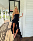Niulatu Black A Line Strapless Satin Hem Layer Ruffle Slit Long Prom Dress,Formal Dress HZ1110