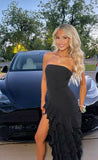 Niulatu Black A Line Strapless Satin Hem Layer Ruffle Slit Long Prom Dress,Formal Dress HZ1110
