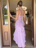 Niulatu Lilac A Line Halter Pleated Satin Long Prom Dress,Formal Dress HZ1110